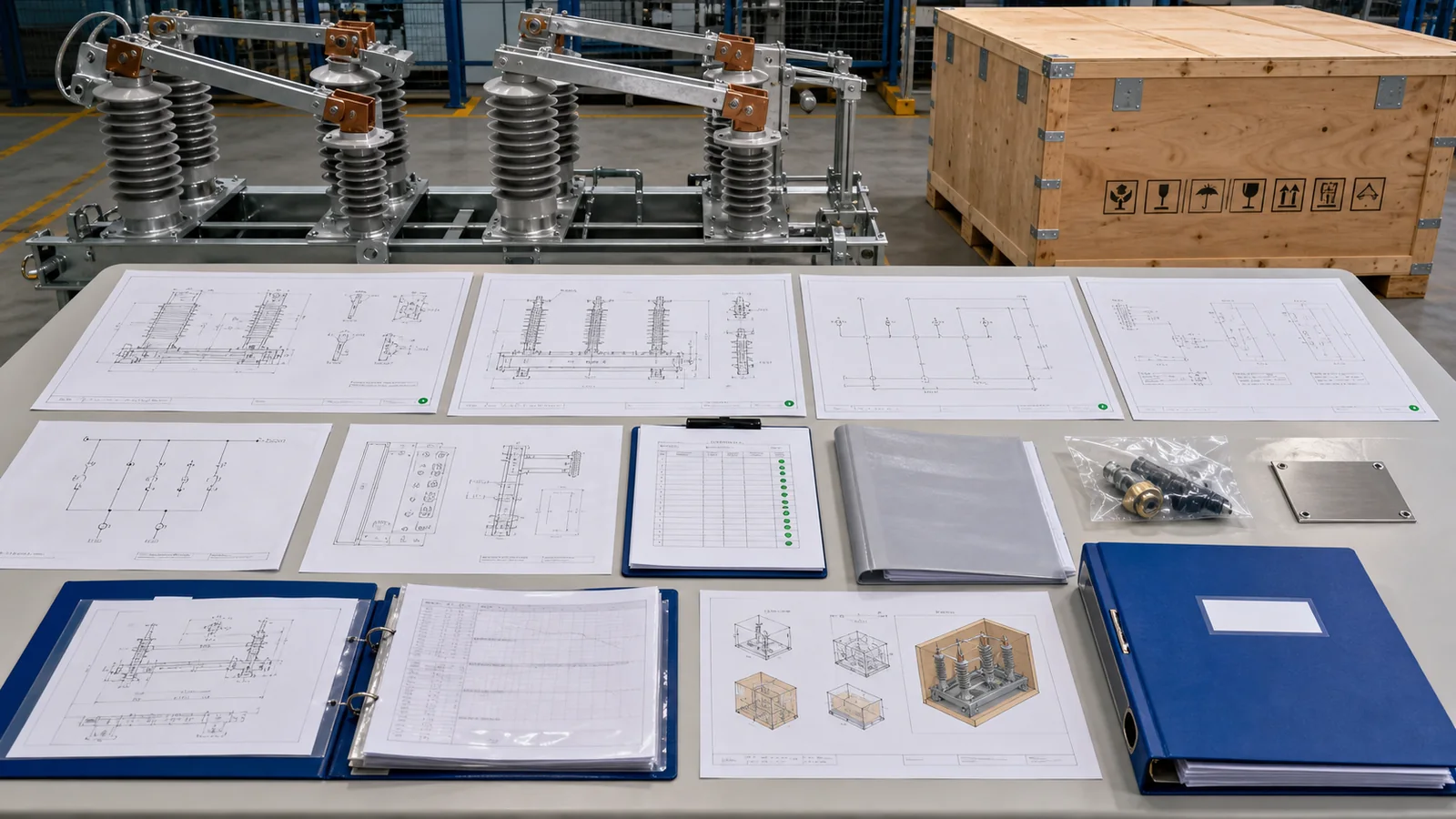 Drawing, test, document, and packing evidence pack for a disconnect switch order