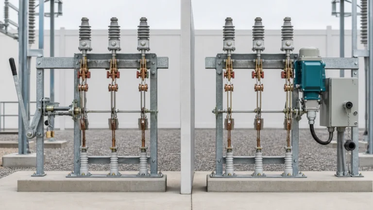 Manual and motorized operating mechanisms connected to an outdoor disconnect switch