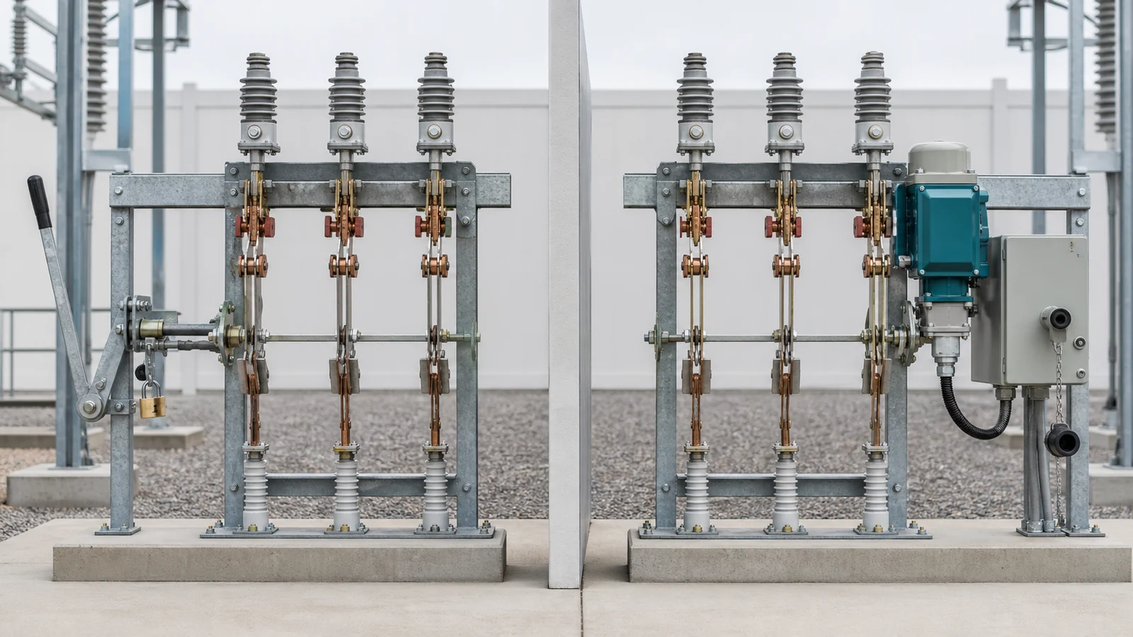 Manual and motorized operating mechanisms connected to an outdoor disconnect switch