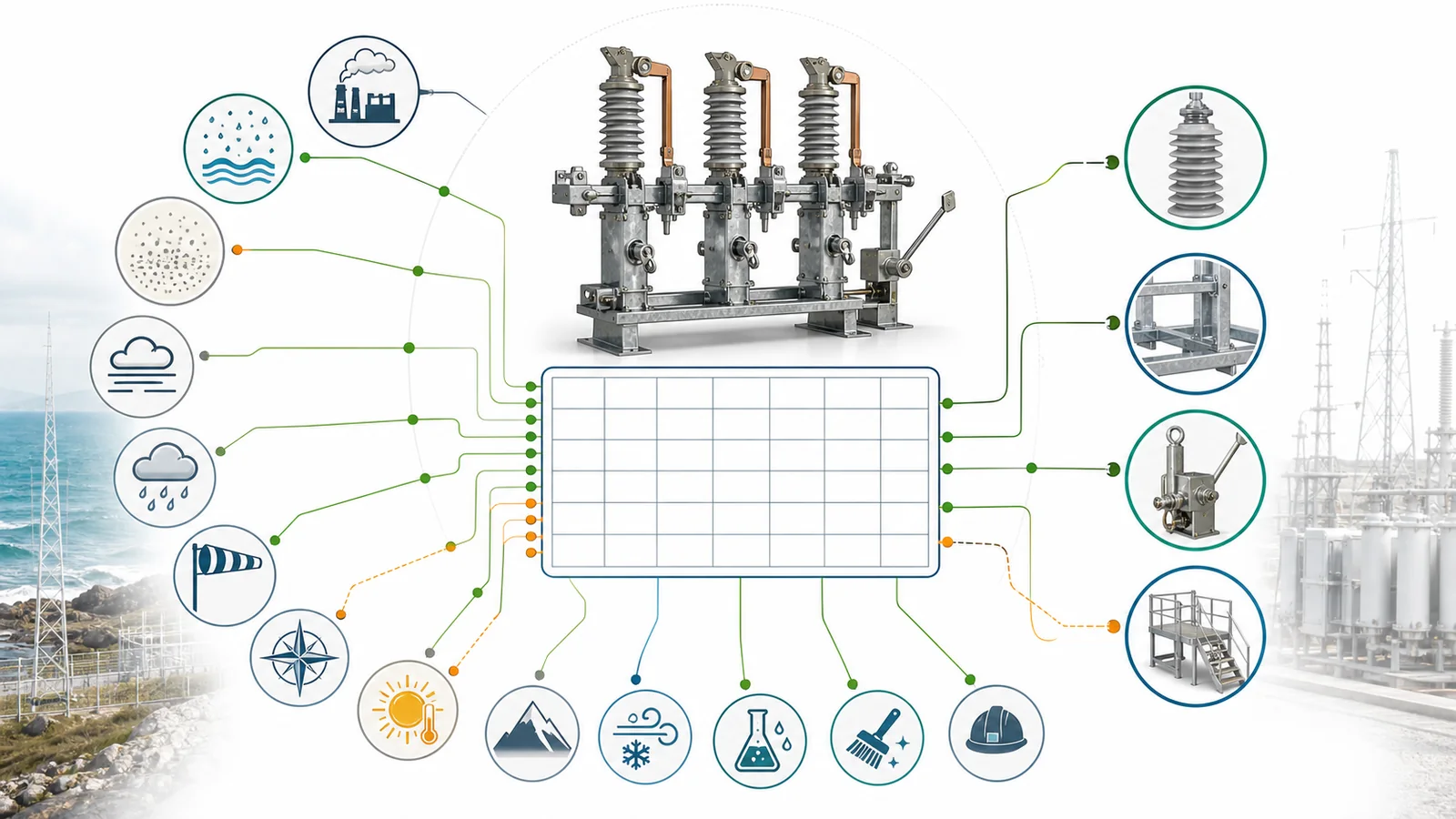 Site exposure selection matrix for pollution type, wetting, wind, climate, cleaning access, and outdoor disconnect switch review