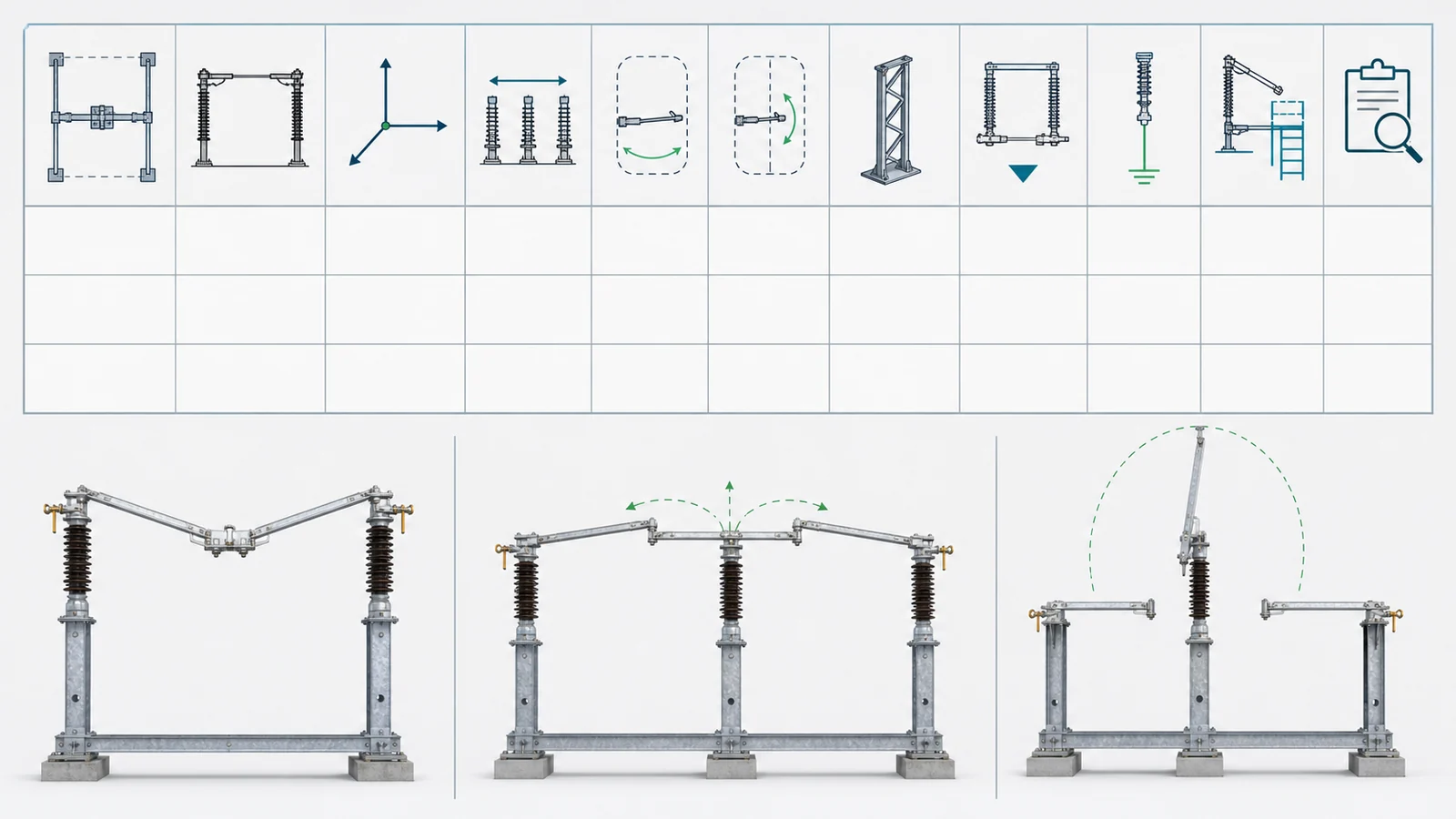 Bay-envelope selection matrix for center-break, double-break, and vertical-break disconnectors