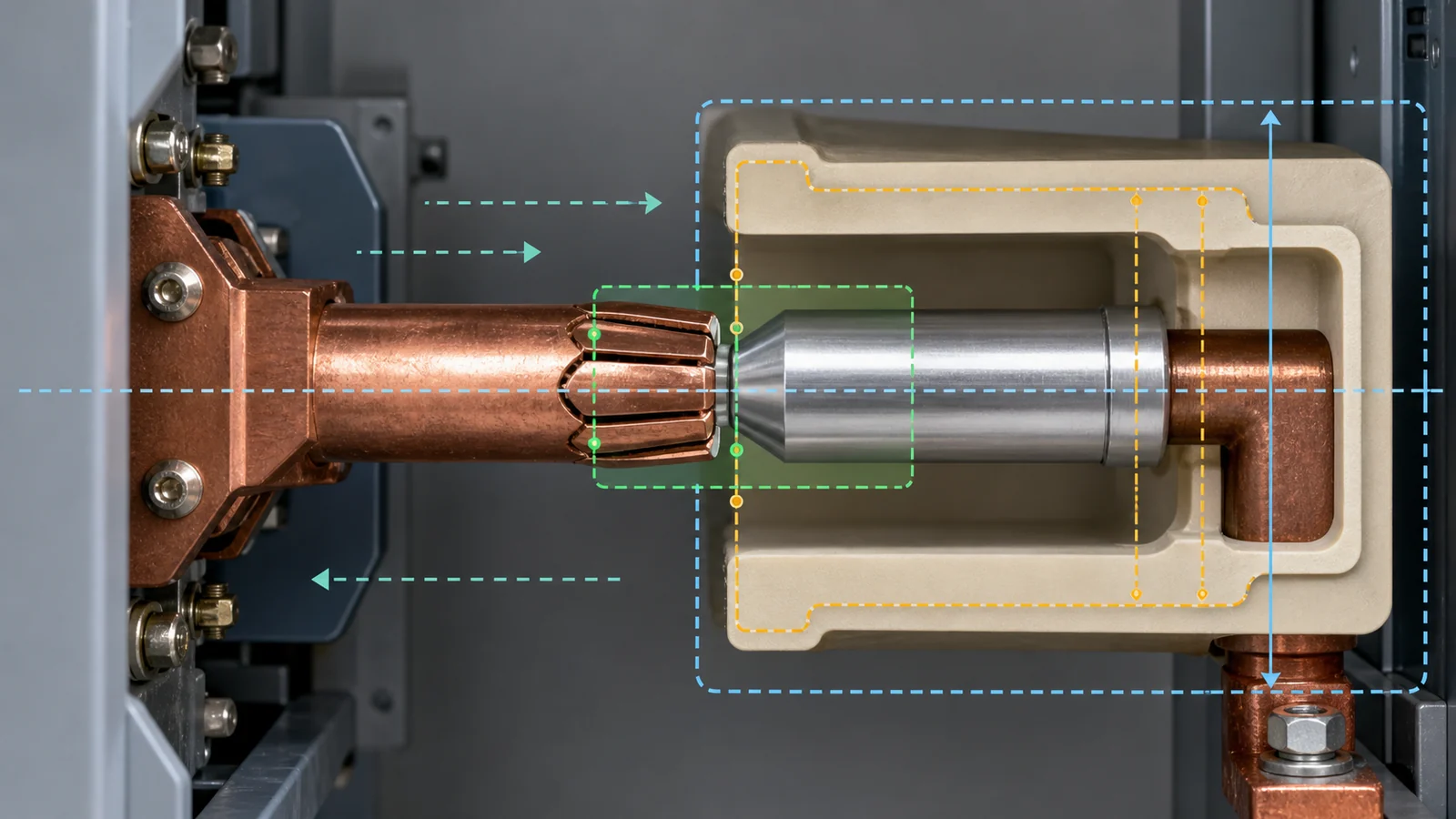 Drawout switchgear contact engagement cutaway with insertion path, working overlap, stops, contact box, and insulation envelope