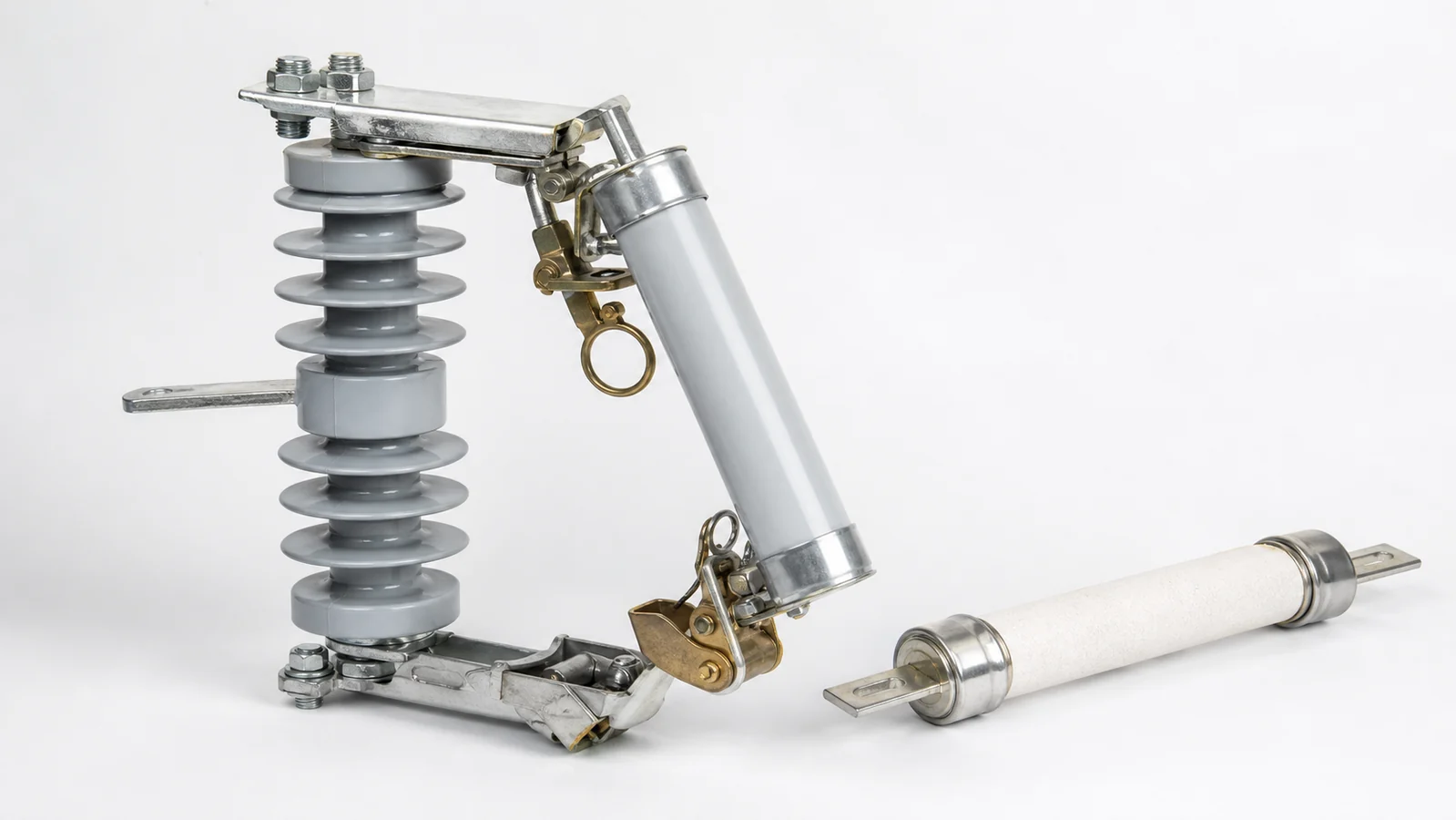 Drop-out fuse cutout body and hinged fuse tube shown as separate engineering components