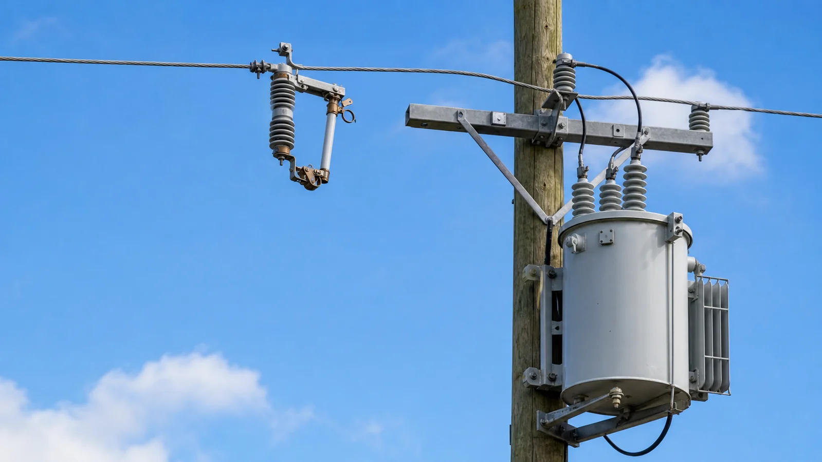 Overhead distribution transformer branch showing the typical drop-out fuse cutout position