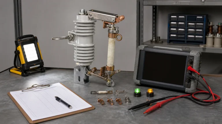 De-energized drop-out fuse cutout under controlled inspection