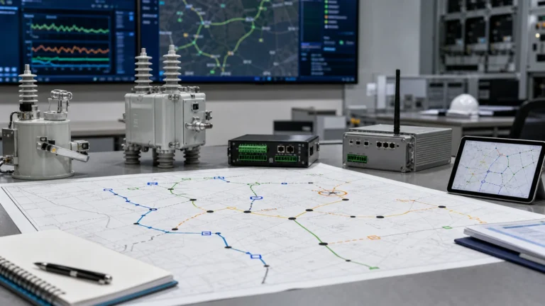 Feeder automation design review with topology, switching points, control power, and communication interfaces