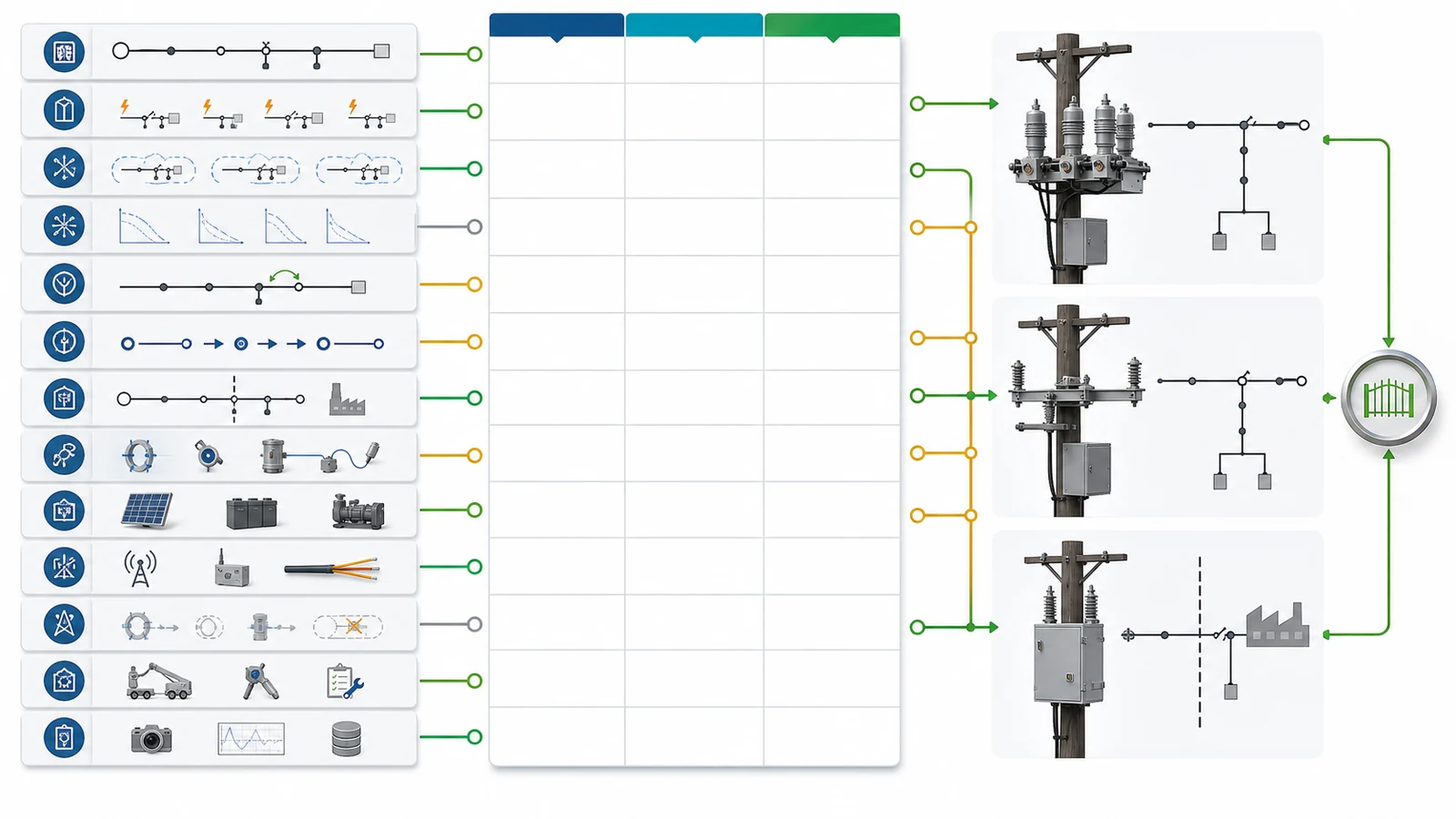 Feeder automation role selection matrix for fault zones, switching duties, sequences, interfaces, ownership, and evidence