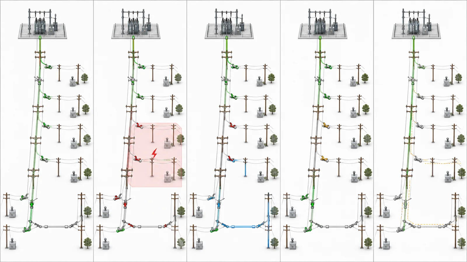 Feeder automation topology states for normal, fault, tie transfer, maintenance, and fallback review