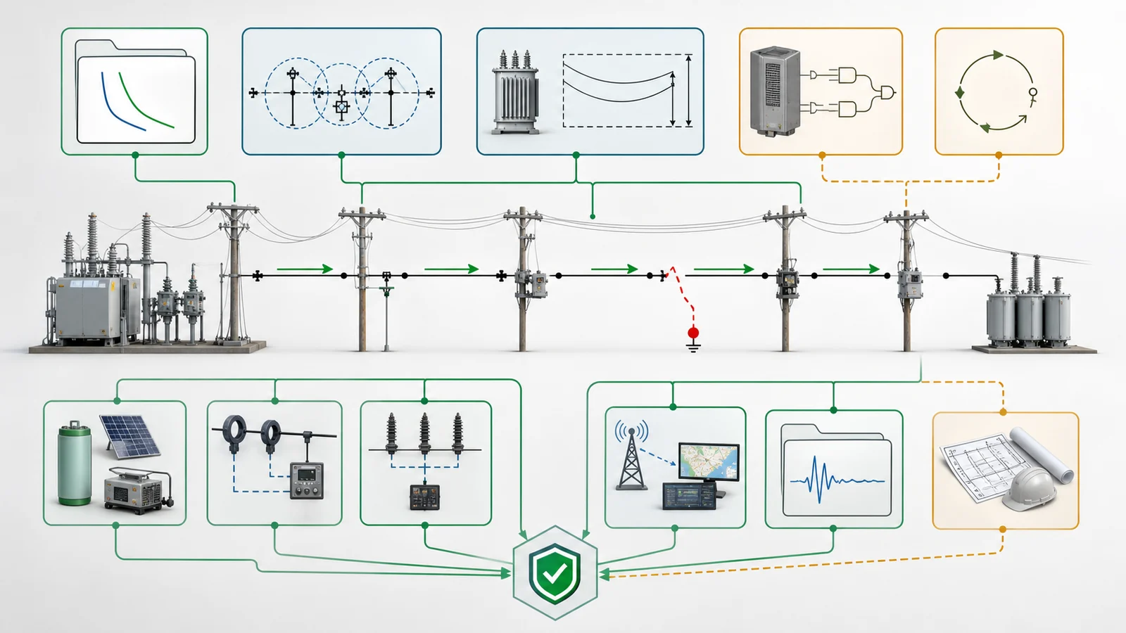 Feeder protection and control evidence map with fuse zones, relay zones, reclose logic, control power, and communication