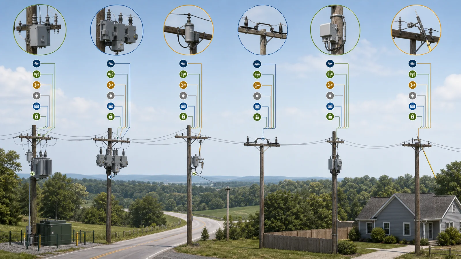 Feeder switching positions mapped to electrical duty, sensing, command, status, and maintenance interfaces
