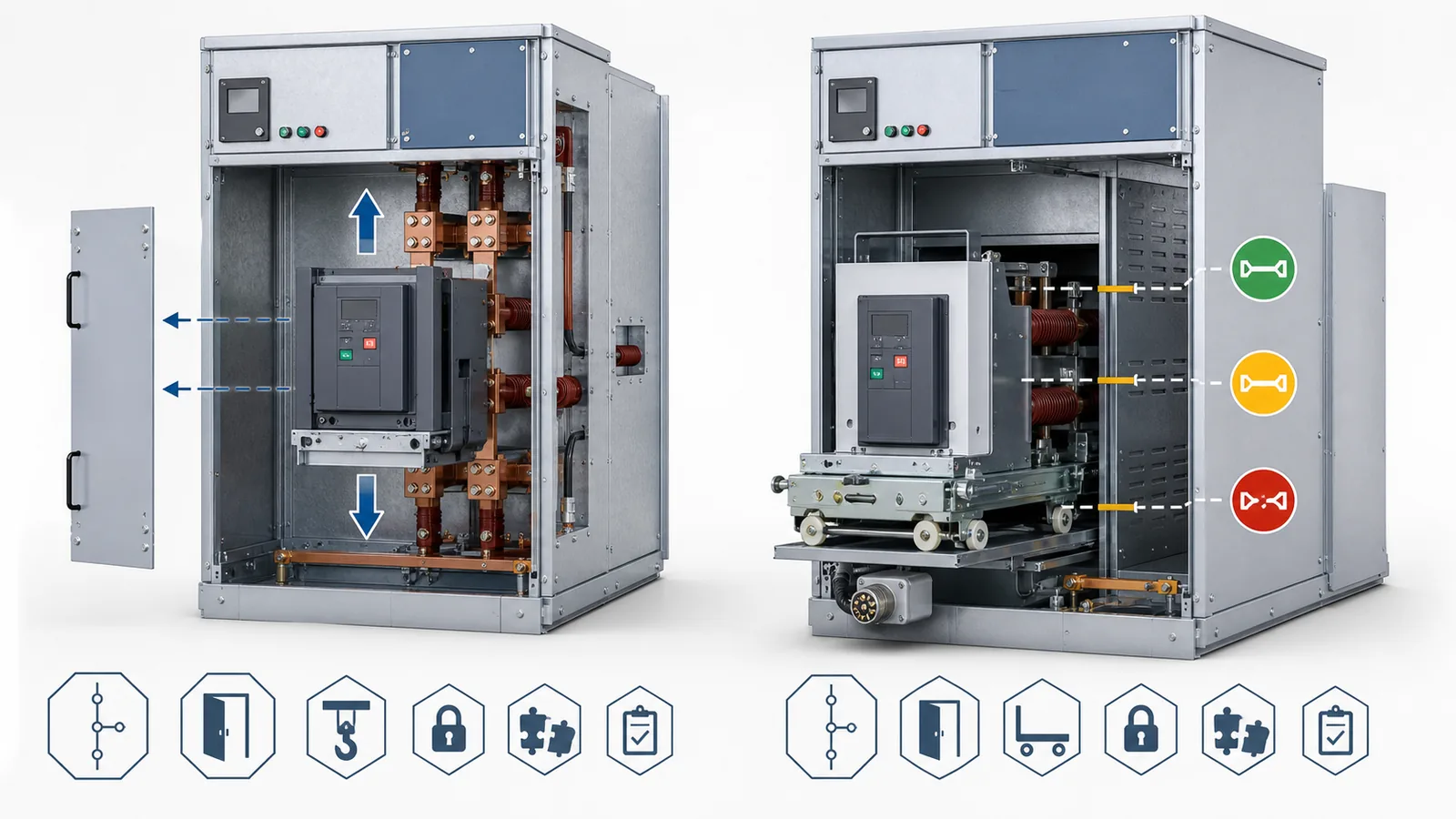 Fixed-device and withdrawable-truck cabinet boundaries for XGN and KYN28 switchgear