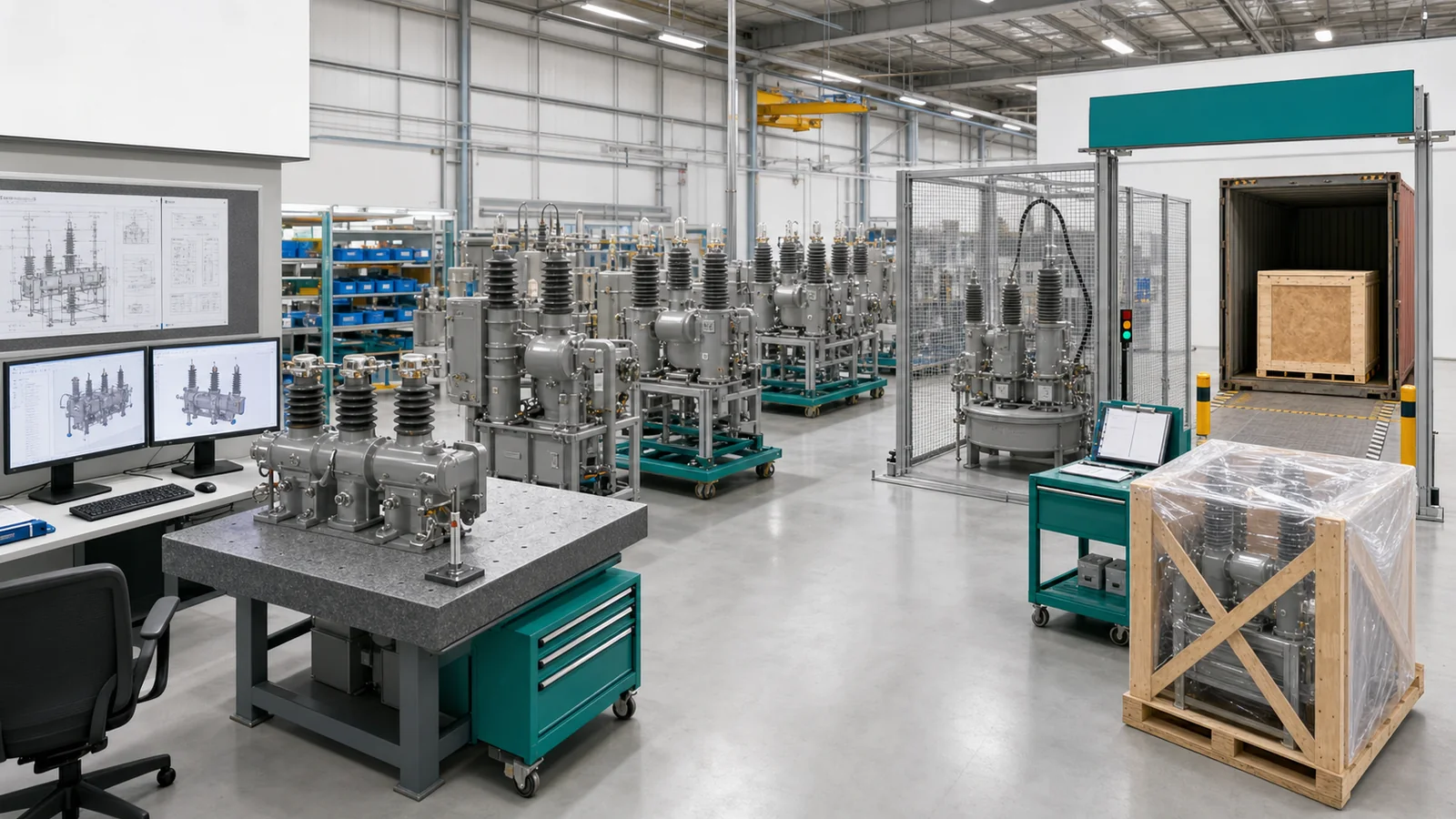 High-voltage equipment manufacturing workflow from approved drawings through production, testing, packing, and release