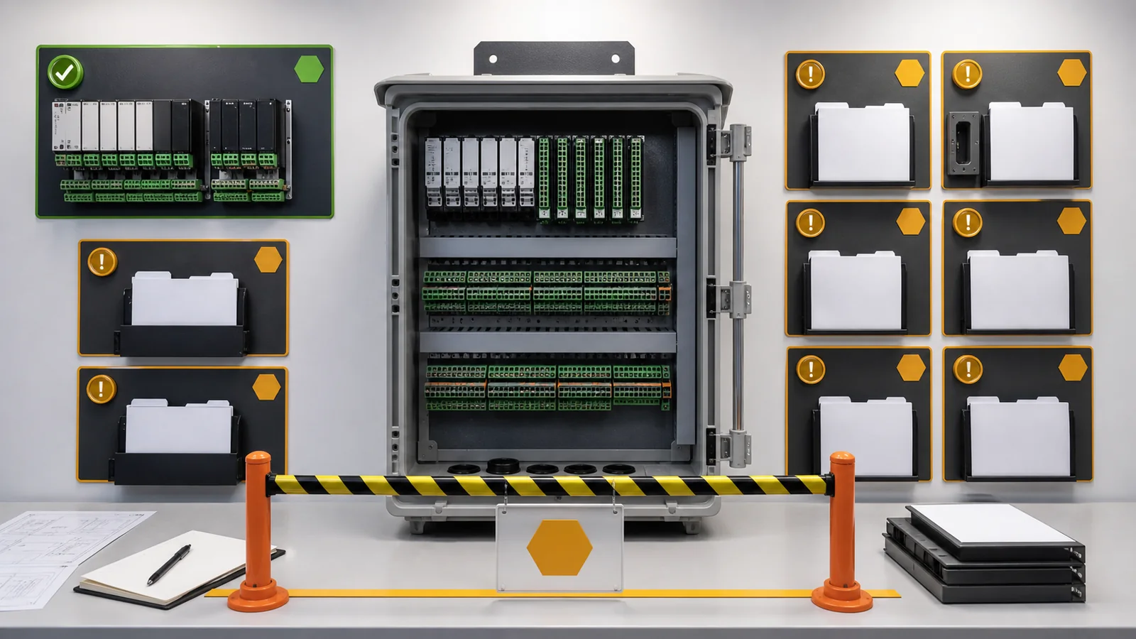 Illustrative feeder controller offer held for power I/O communication and enclosure gaps