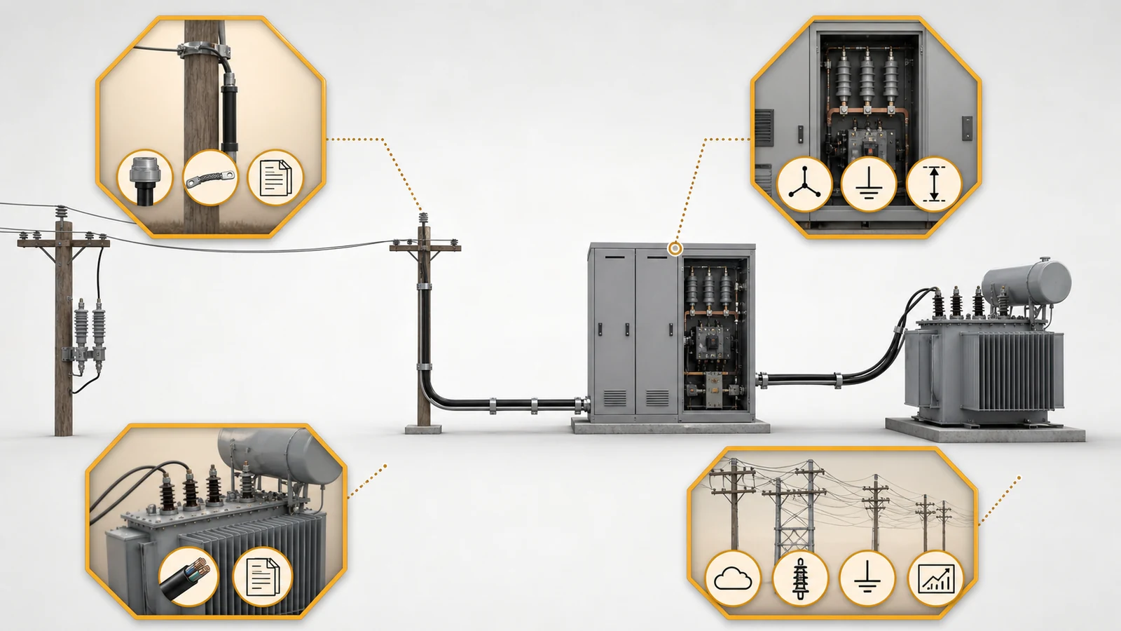 Illustrative synthetic layout with four surge arrester location holds