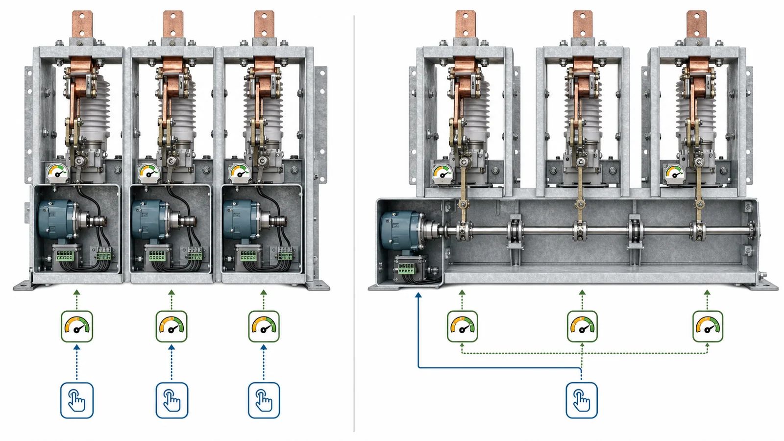 Three independent pole drives and one gang mechanism with cross-phase shaft architecture