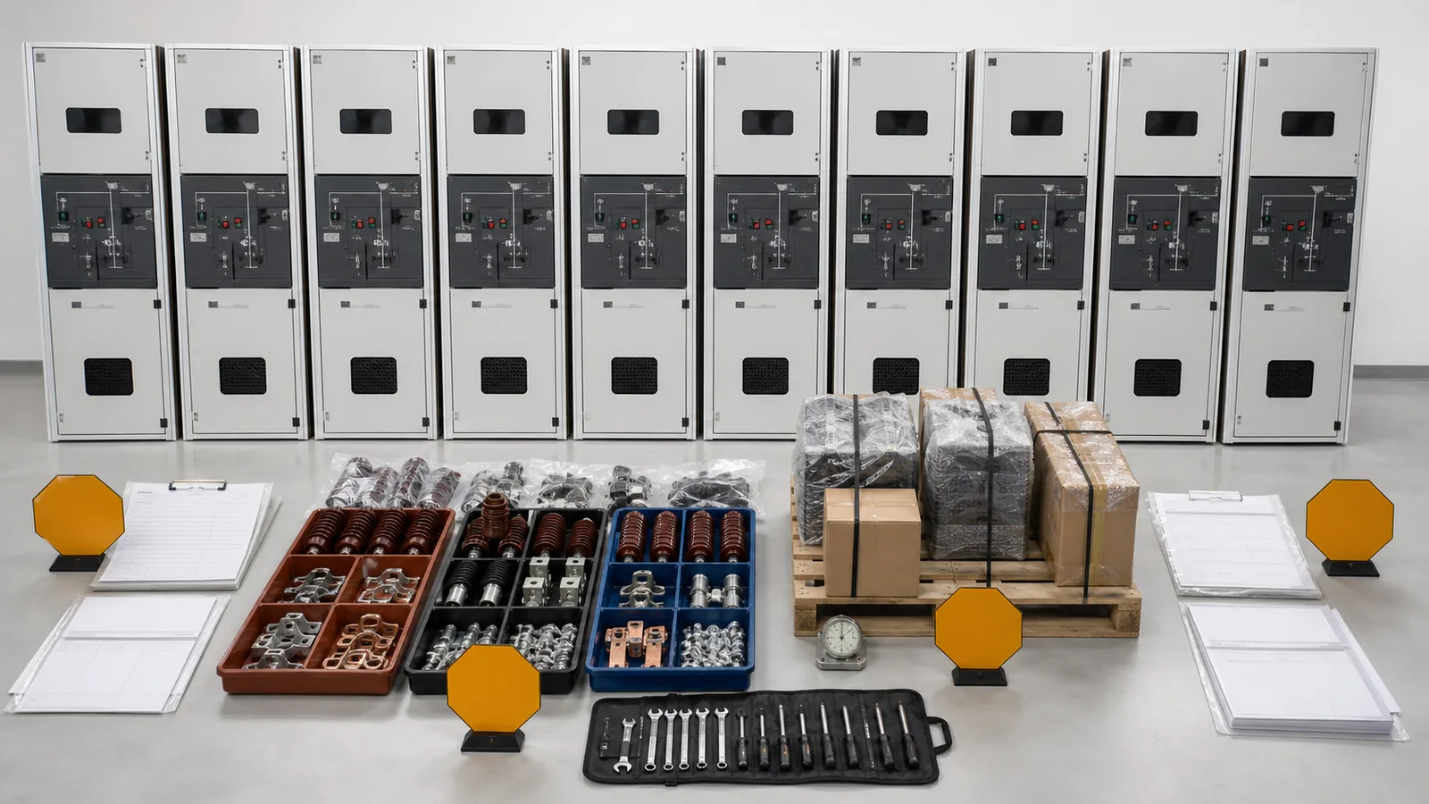 Illustrative invented ten-panel switchgear spare schedule with four open holds