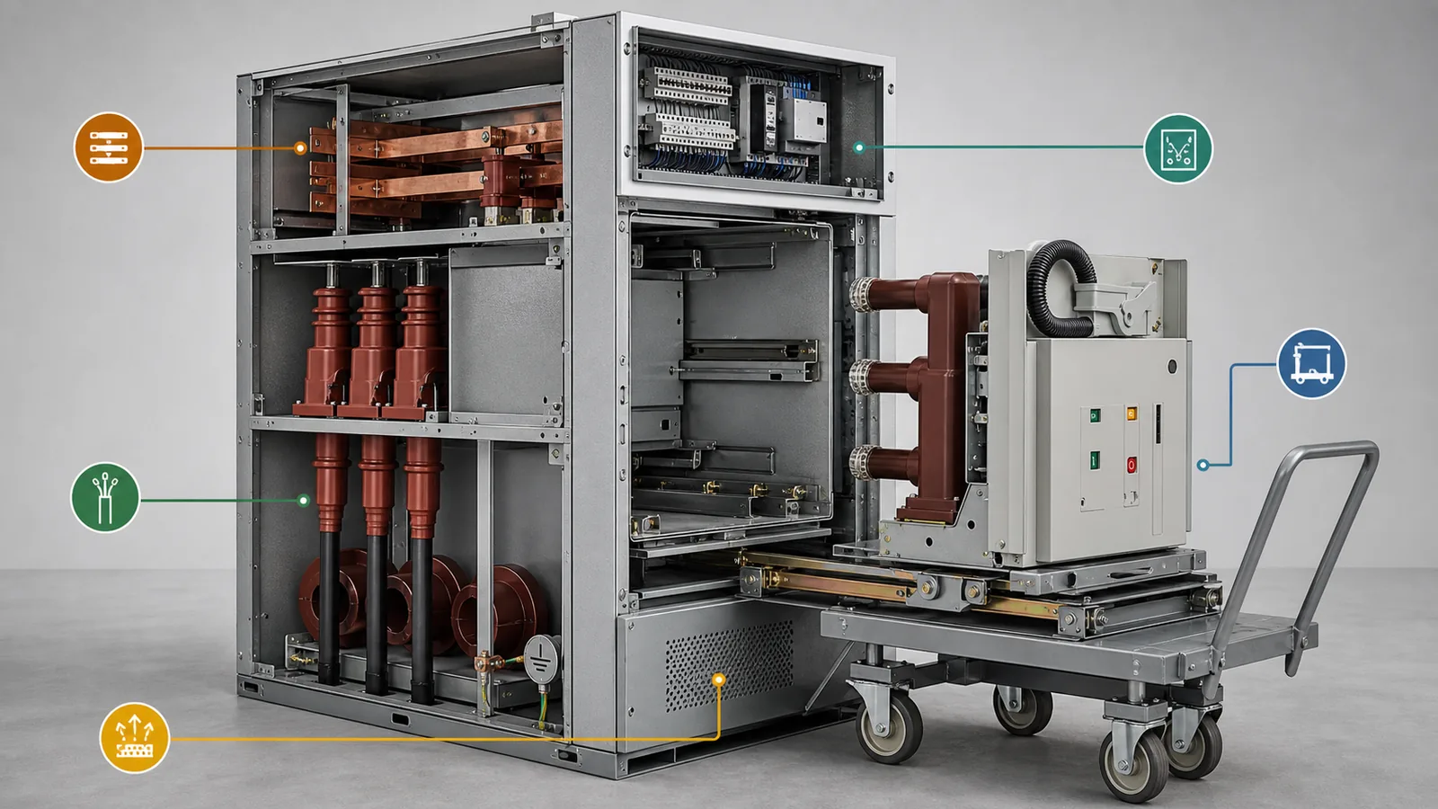 KYN28 cabinet compartment and withdrawable circuit breaker truck interface cutaway