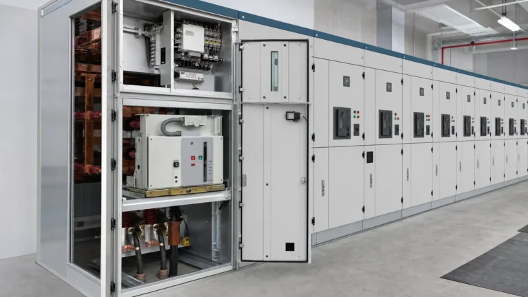 Indoor KYN28 metal-clad switchgear lineup with one cabinet opened for project interface review