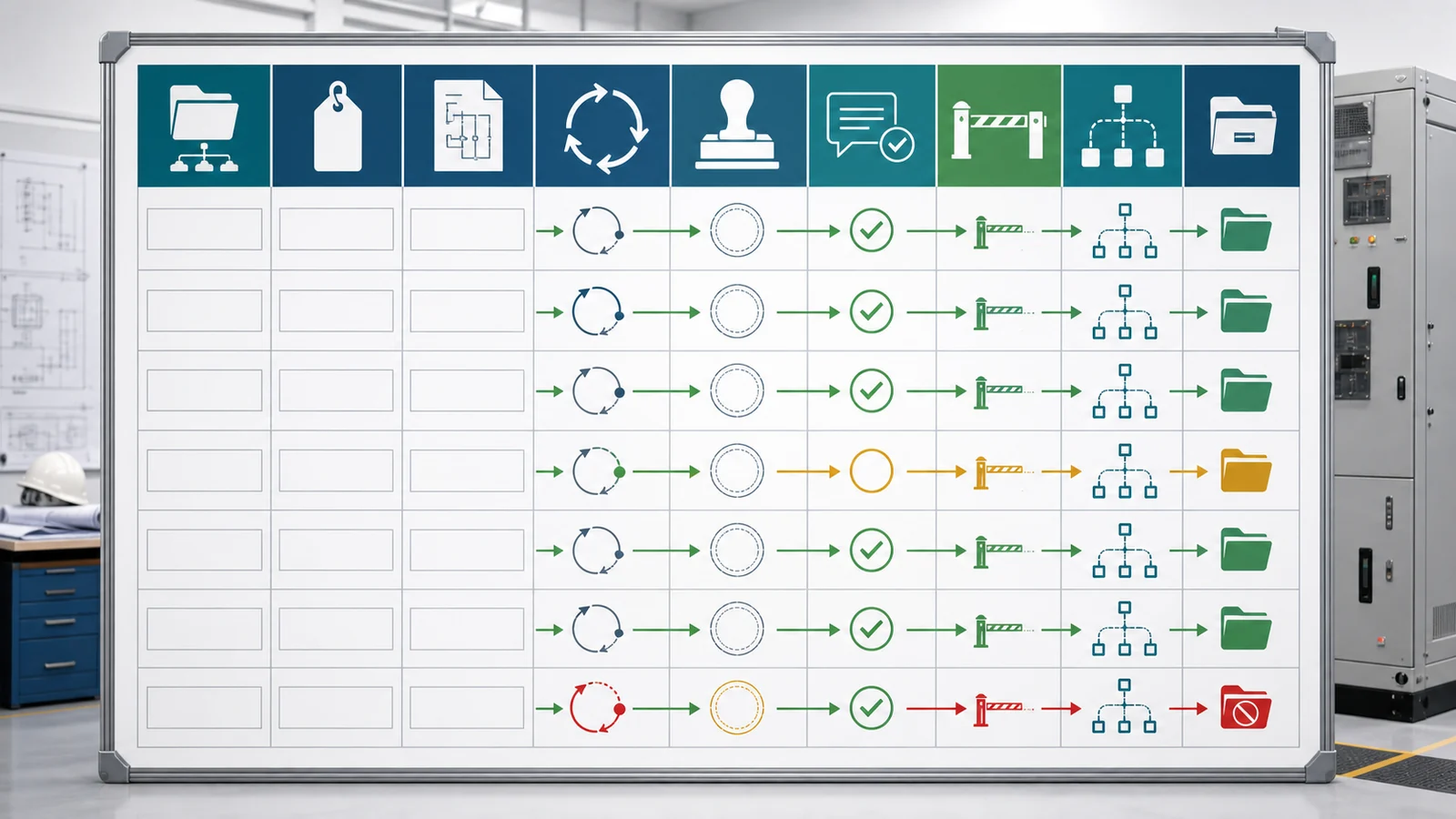 Master switchgear drawing register connecting document identity, revision, approval, release, and transmittal controls
