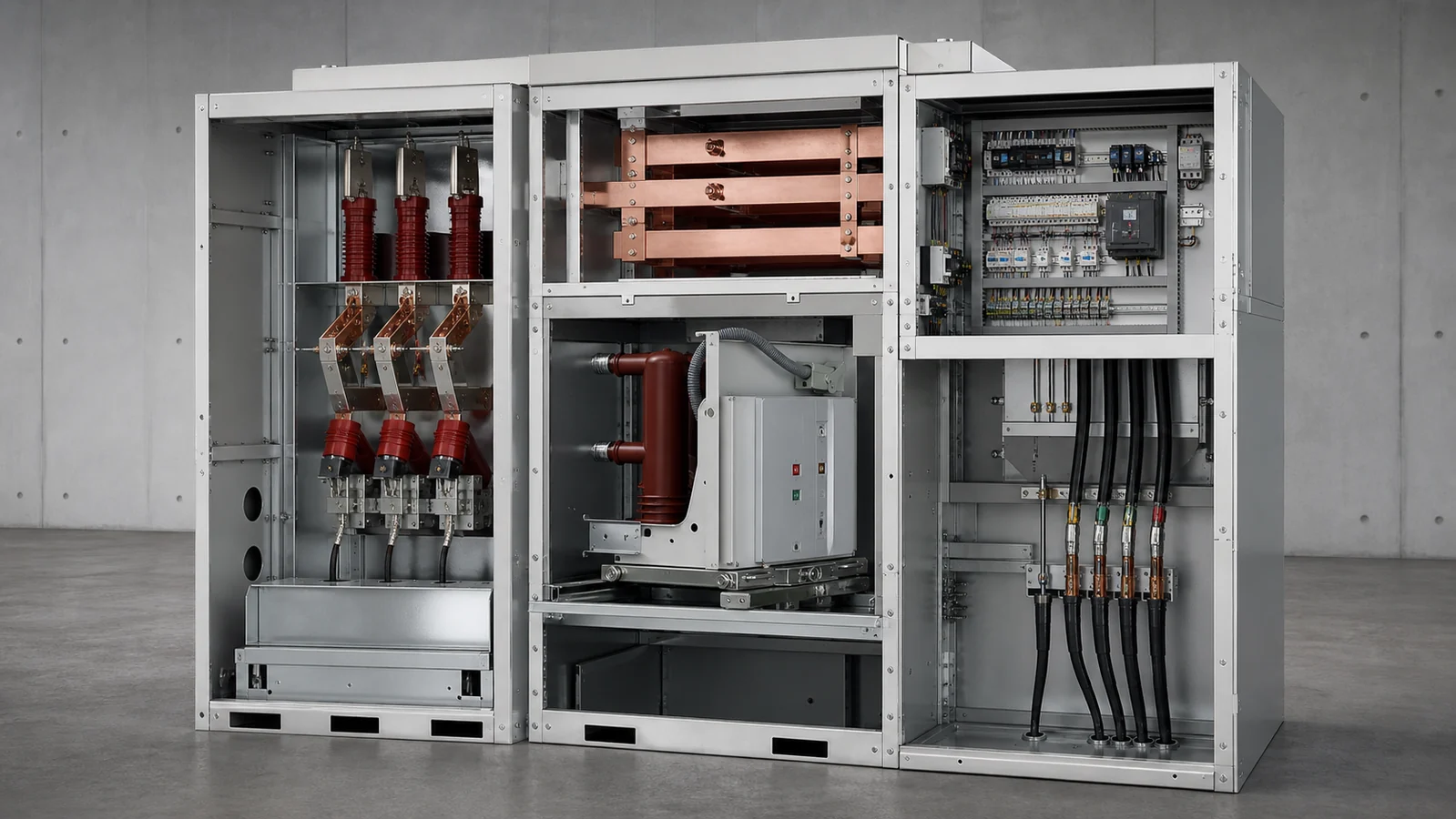 Metal-clad medium-voltage cabinet showing separated primary, busbar, cable, and control areas