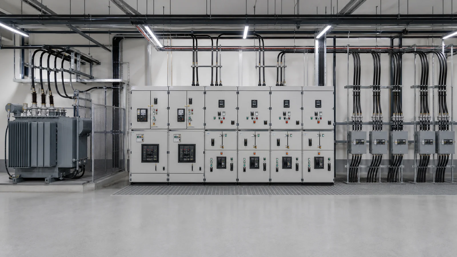 Medium-voltage switchgear shown between a transformer source and distribution feeder interfaces