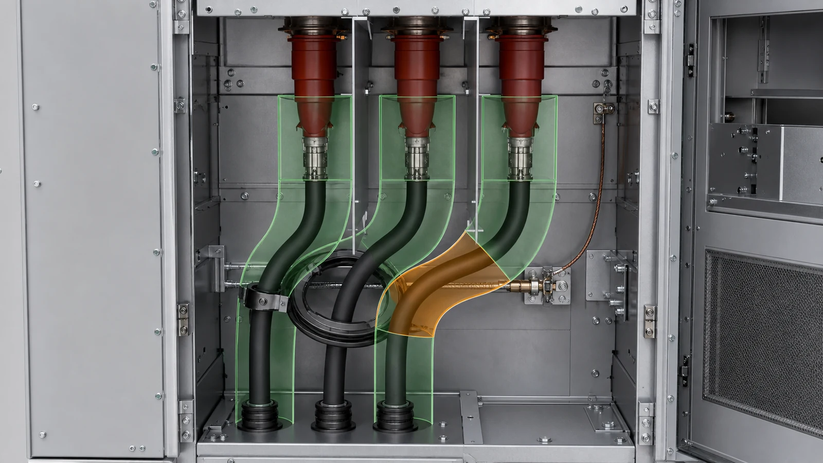 Medium-voltage cable route bend radius and termination overlay inside switchgear