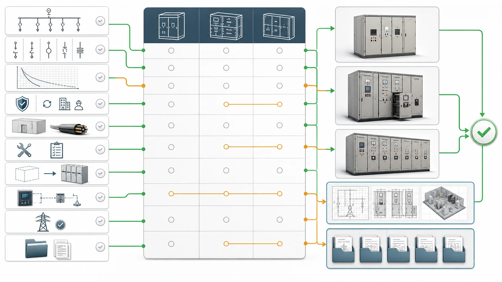 MV switchgear architecture selection matrix connecting project inputs to decisions, evidence, and hold conditions