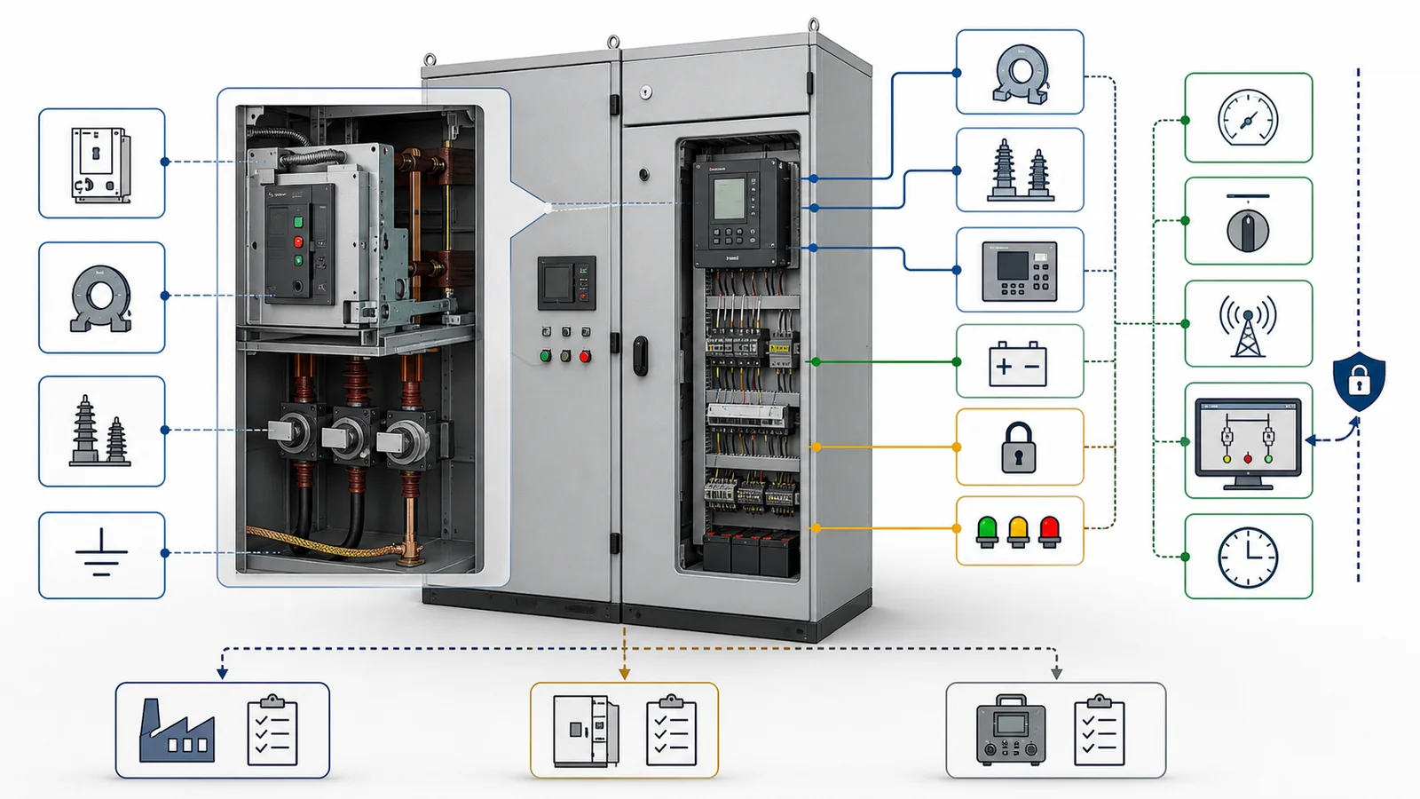 MV switchgear protection and control map linking CTs, VTs, relays, trip and close power, interlocks, metering, and SCADA