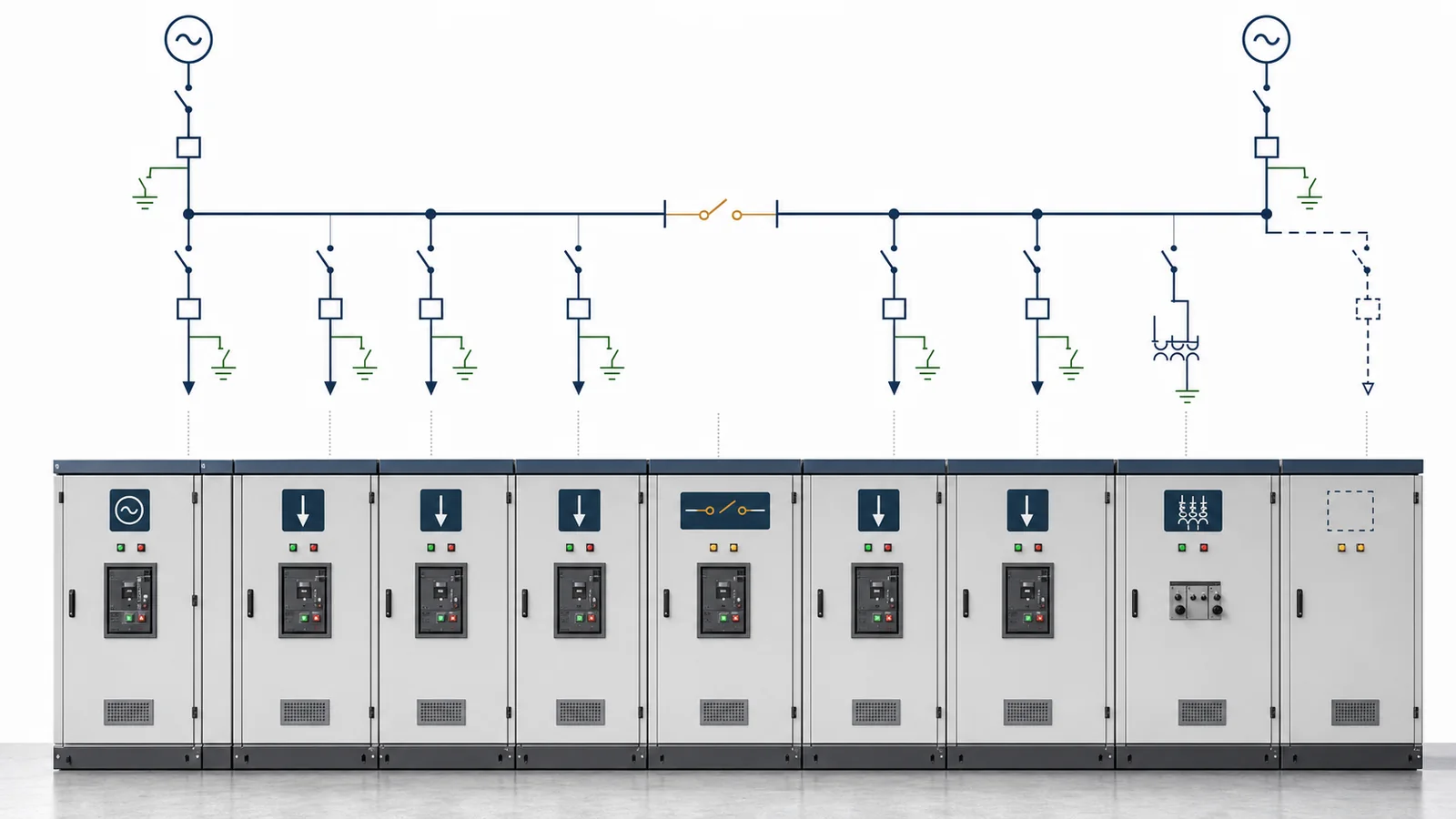Medium-voltage switchgear SLD and bay schedule mapping sources, bus sections, coupler, feeders, metering, and future bays