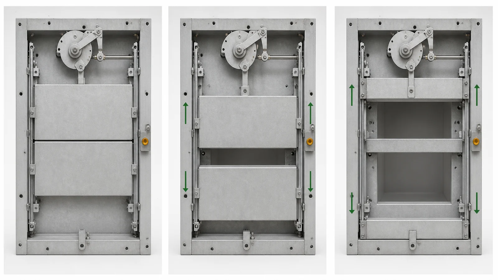 Illustrative non-energized two-leaf switchgear shutter movement sequence