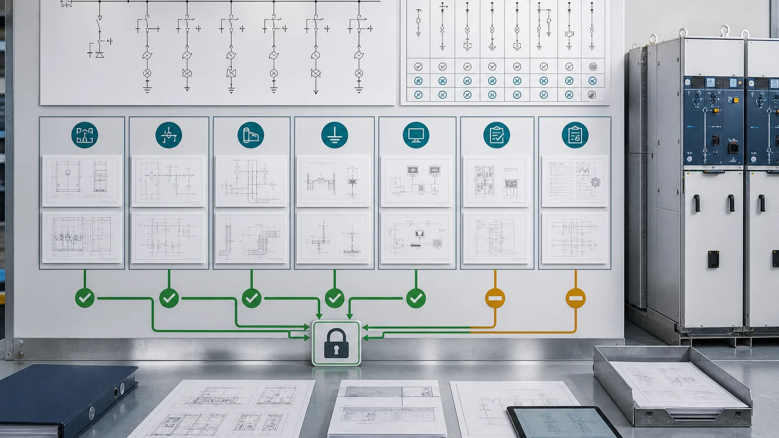 Normalized RMU technical release package with one-line, protection, cable, interlock, automation, evidence, and deviations