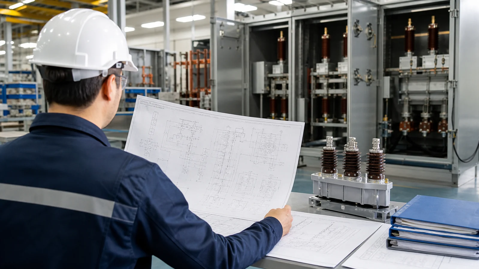High-voltage equipment project review with drawings and production approval documents