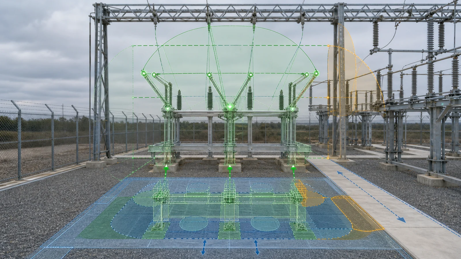 Outdoor disconnector bay overlay for bus terminals, clearances, swept paths, supports, gantry, and access