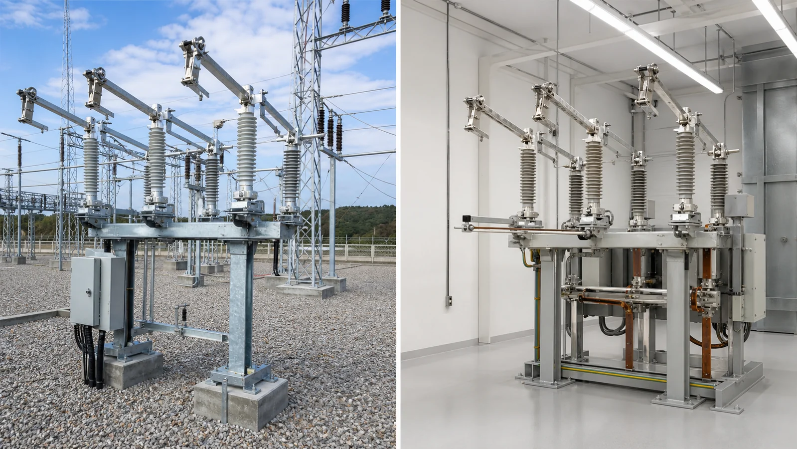 Outdoor yard and indoor switchroom disconnect switch installation contexts