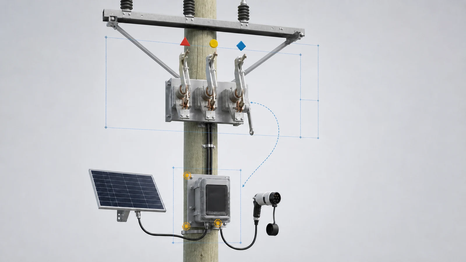 Pole-mounted disconnector site control-power and cable-route overlay