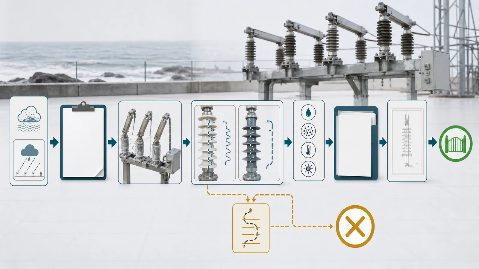 External insulation review from site pollution severity and wetting through insulator arrangement, creepage, profile, corrections, and evidence