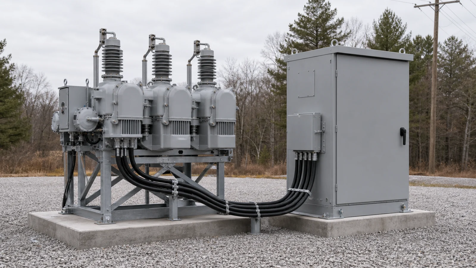 Outdoor vacuum recloser body and adjacent controller cabinet shown as one protection package