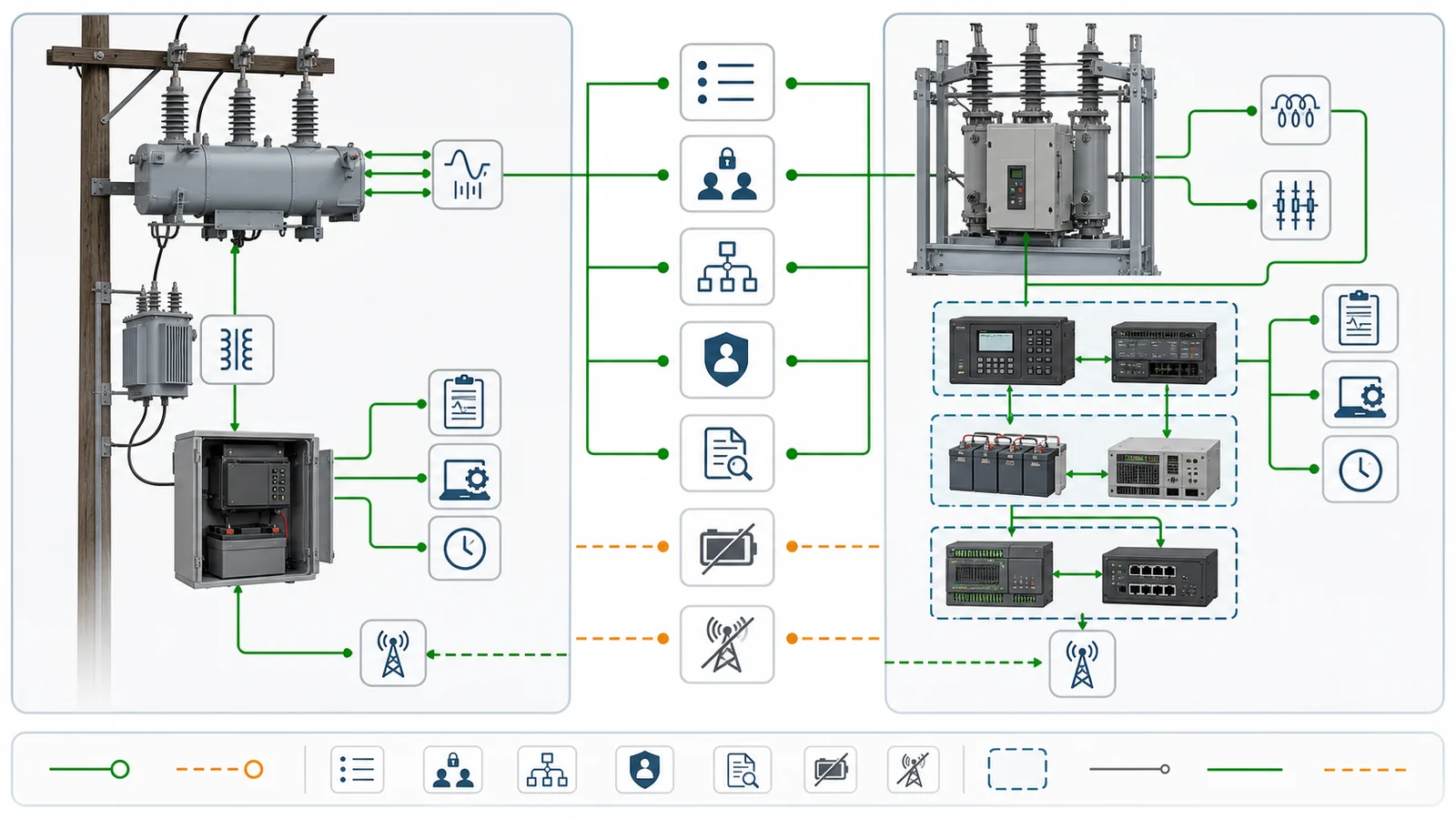 Recloser controller and breaker relay automation architecture with sensing, control power, SCADA, records, and degraded states