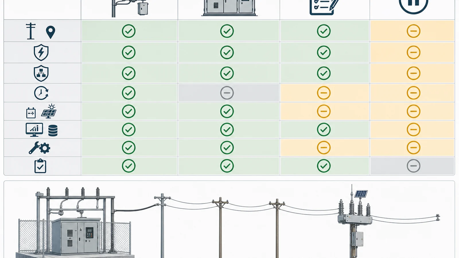 Recloser and circuit breaker feeder selection matrix for position, duty, protection, reclosing, automation, installation, and evidence