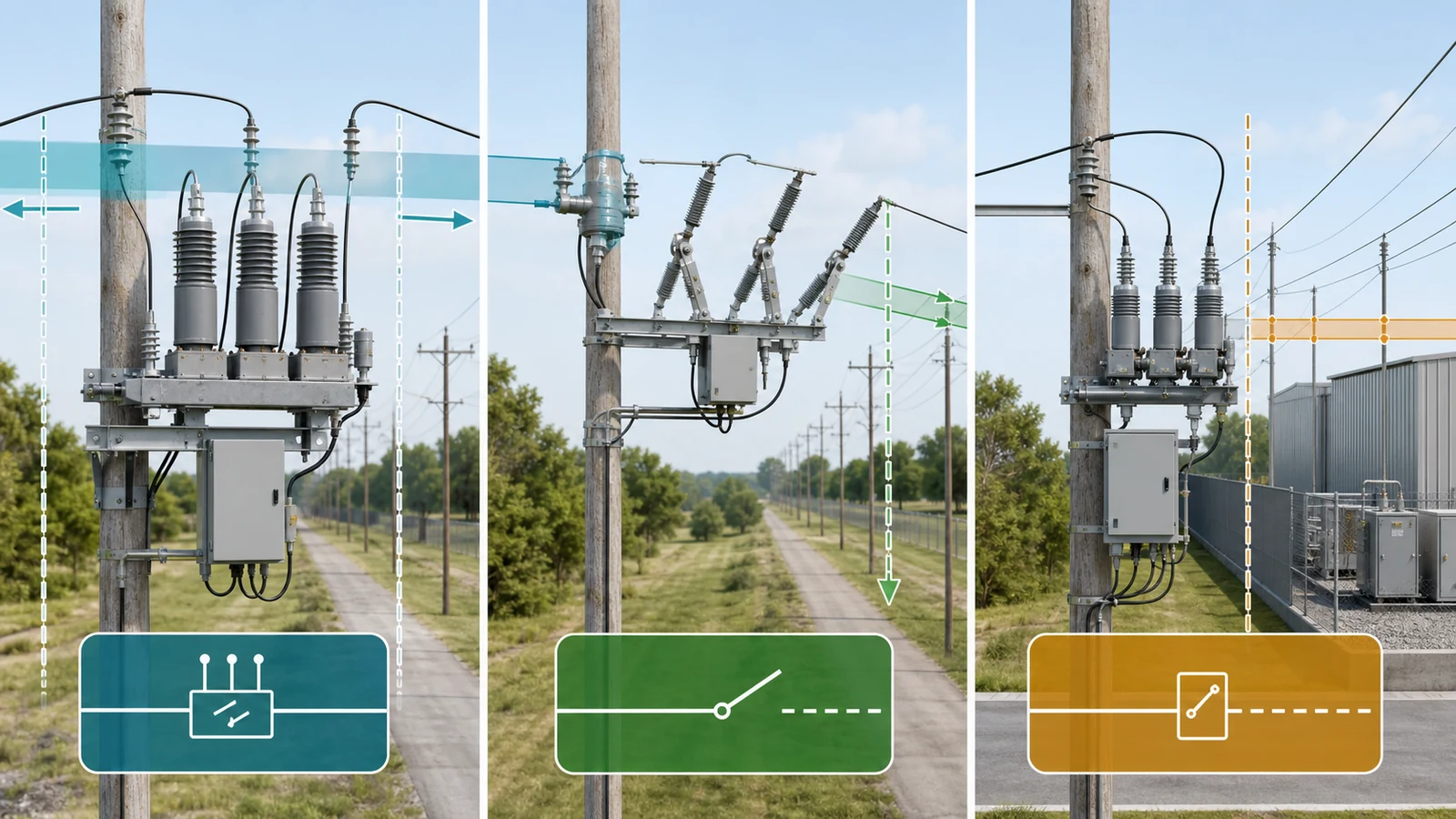 Side-by-side comparison of feeder recloser, sectionalizer, and user boundary switch roles
