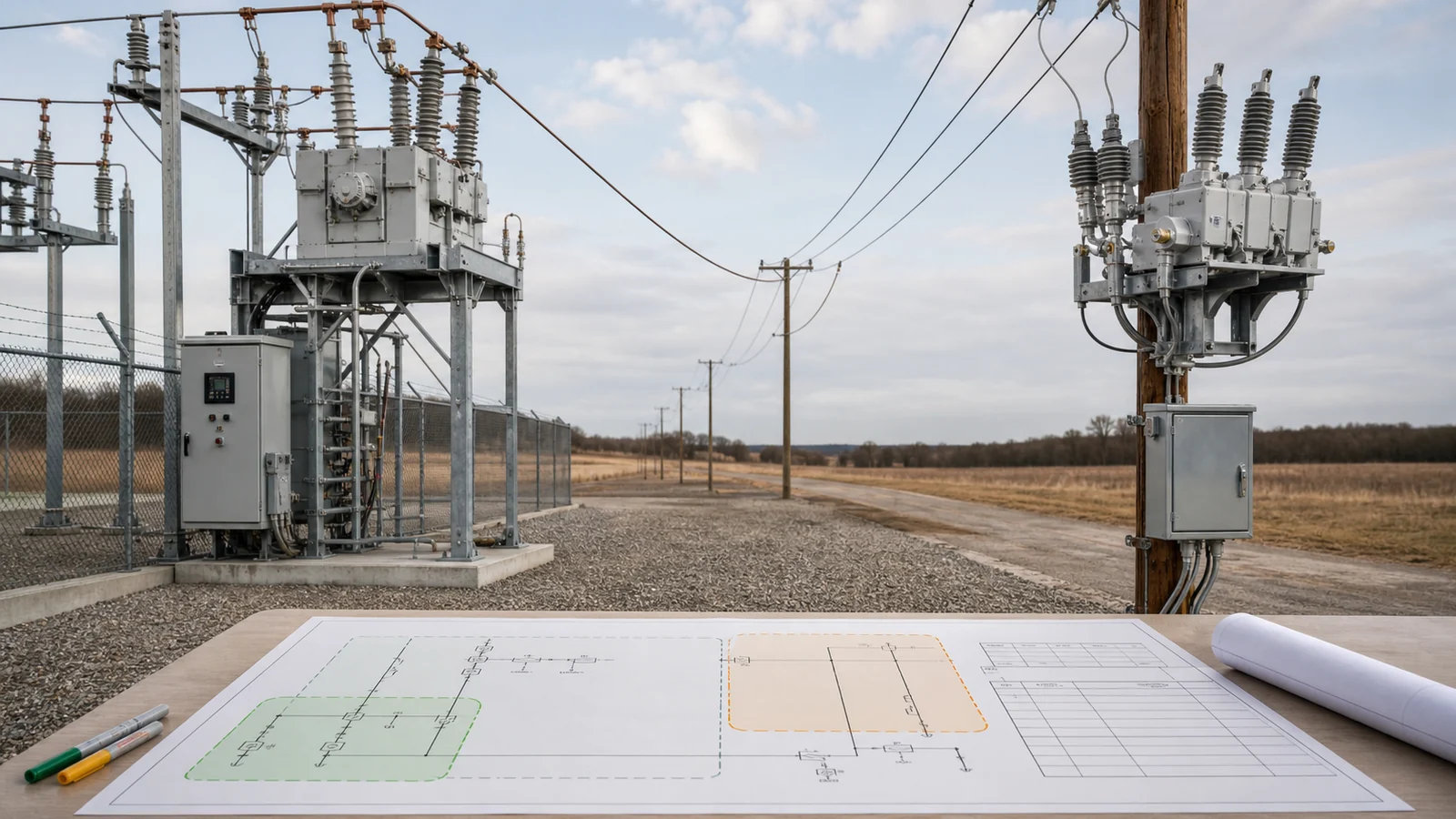 Pole-mounted recloser and substation circuit breaker compared across one distribution feeder