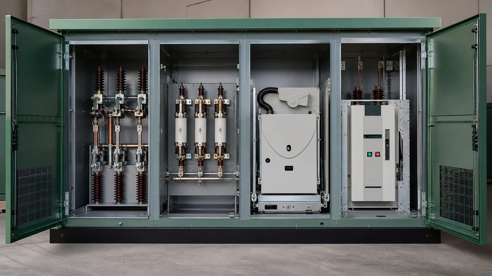 Compact ring main unit modules shown as load-switch fuse vacuum and breaker functional positions