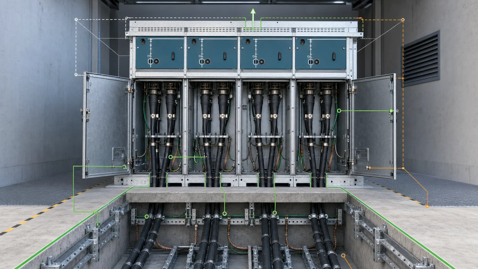 RMU cable and civil interface cutaway with terminations, screen earth, test access, trench, pressure relief, and maintenance space