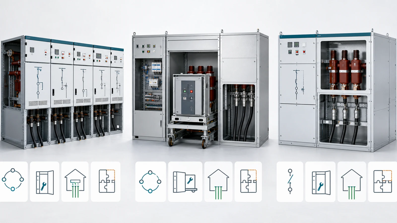 Side-by-side comparison of compact RMU, withdrawable metal-clad, and fixed-type MV switchgear architectures