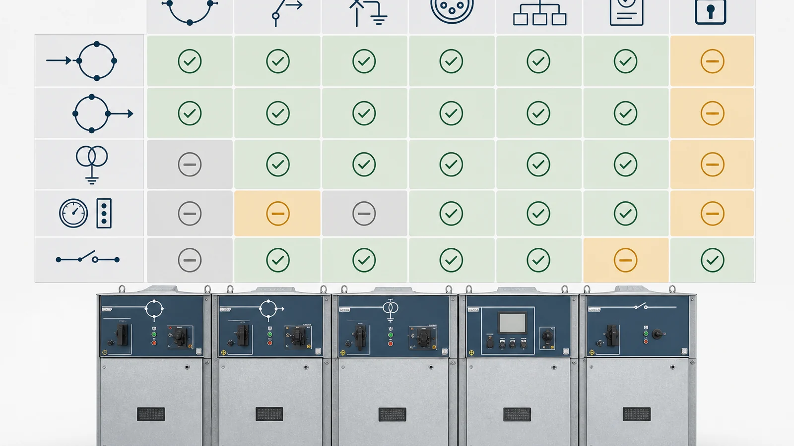 RMU module duty matrix for ring ways, protected feeder, metering, cable, control, and release evidence