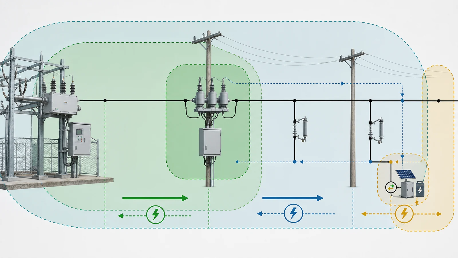Source breaker and line recloser protection zones with downstream coordination and DER review boundaries