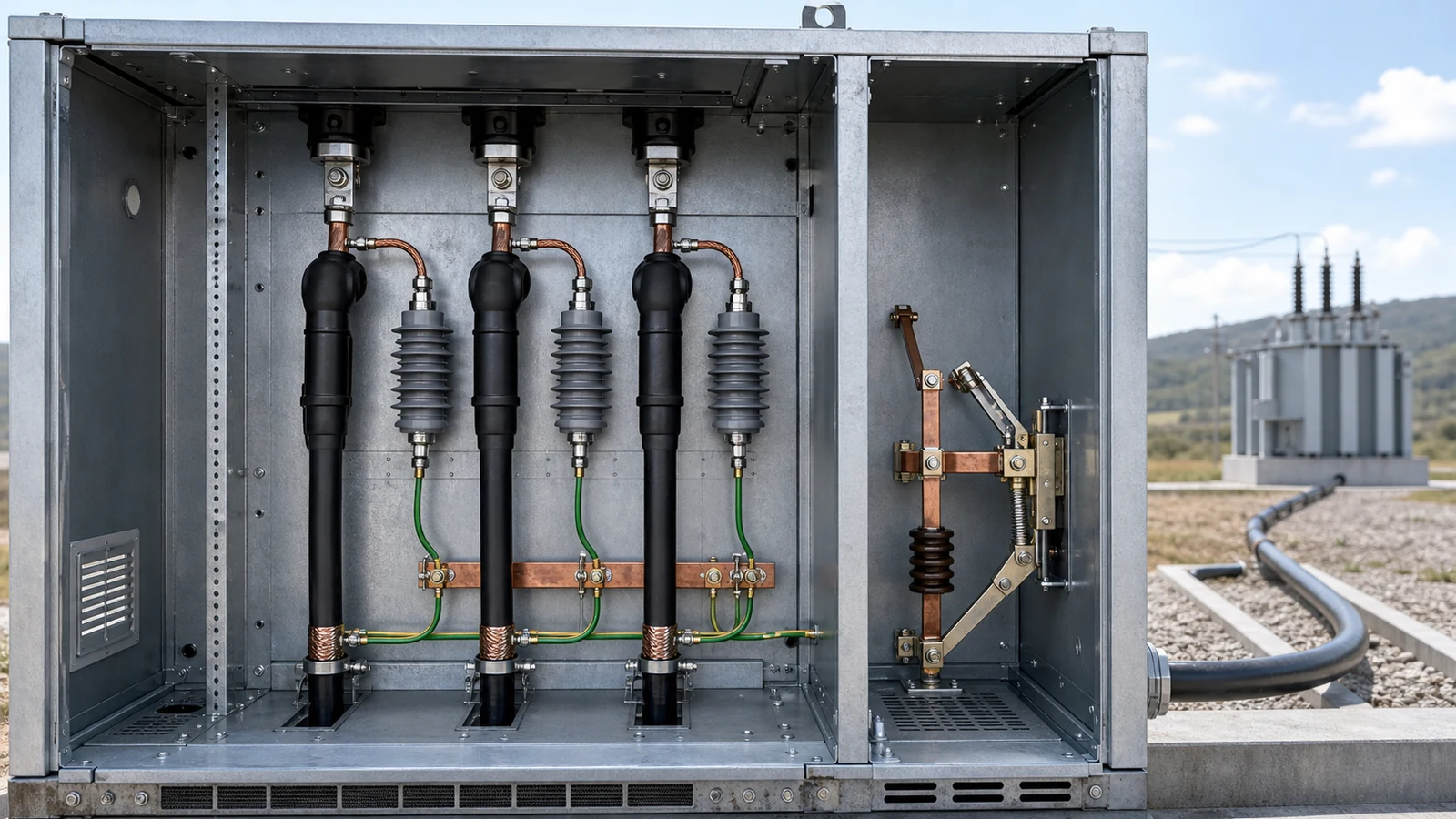 Illustrative switchgear surge arrester phase and earth connection interface