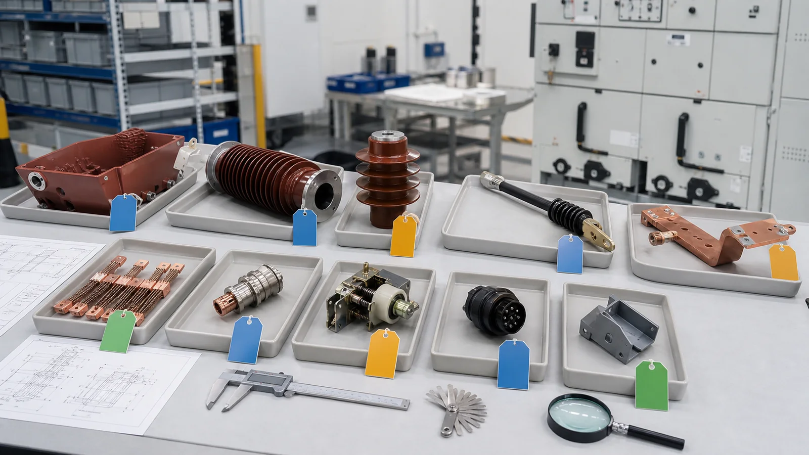 Incoming acceptance inspection bench with medium-voltage switchgear components and controlled drawings