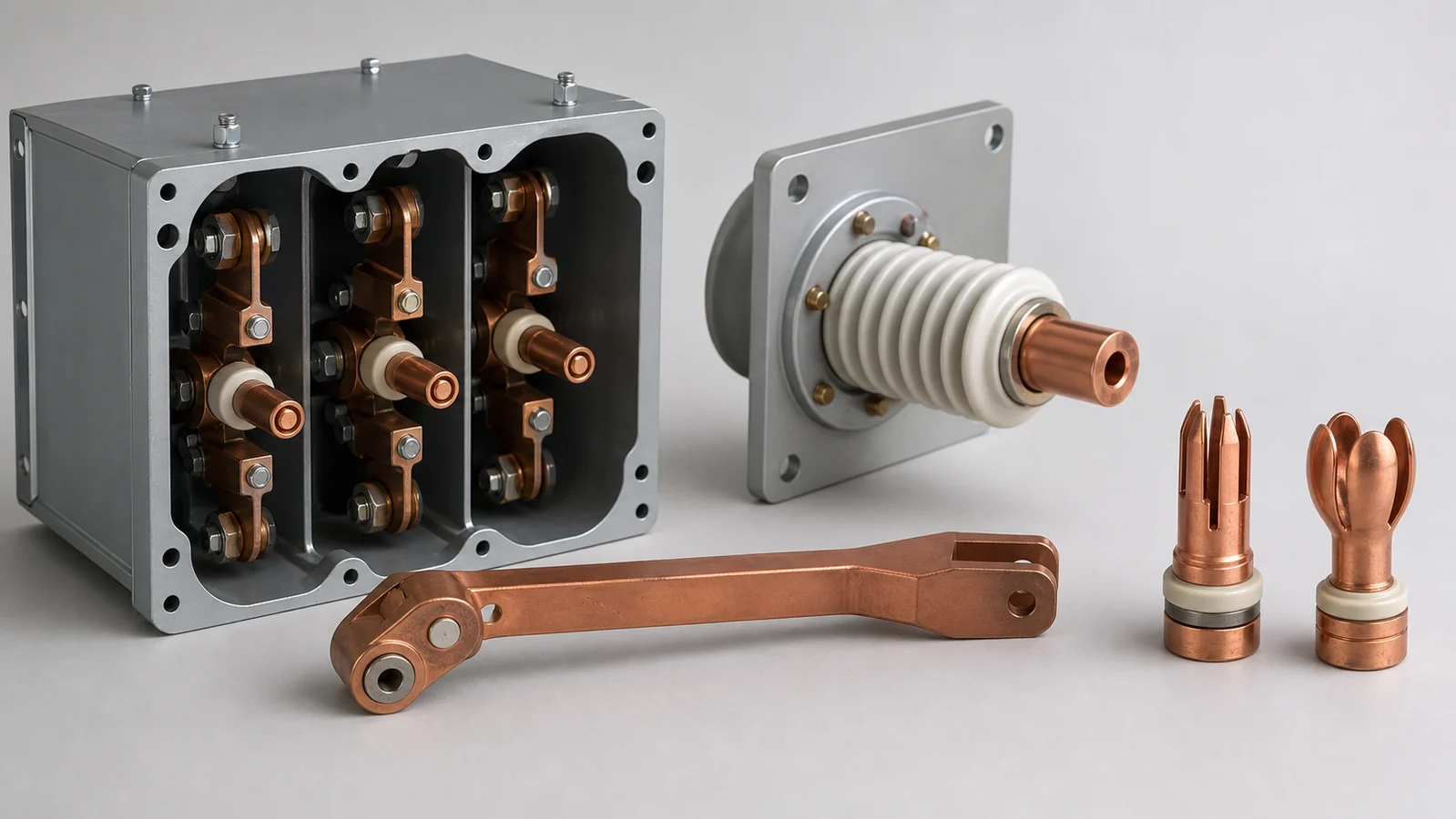 Contact box wall bushing contact arm and tulip contact shown as separate component interfaces