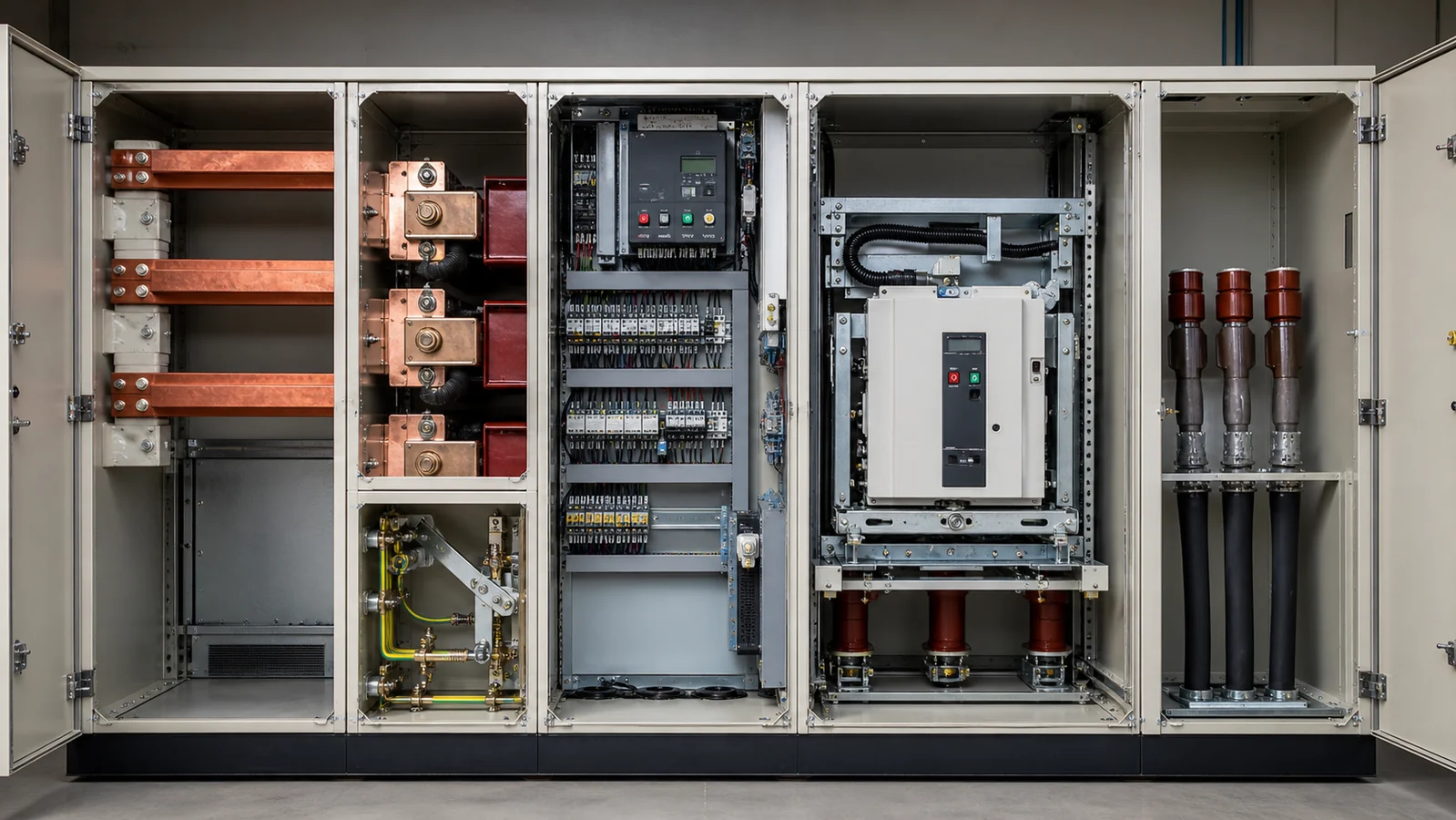 Medium-voltage cabinet zones showing busbar contact earthing control cable and breaker areas